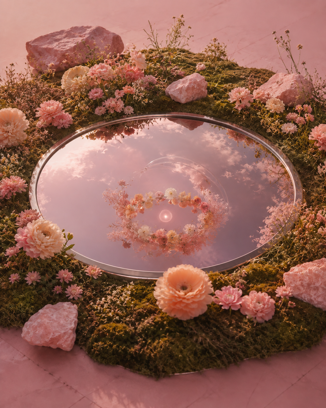 A round mirror resting in moss, reflecting soft pink light, clipped to the six-petal bloom mark